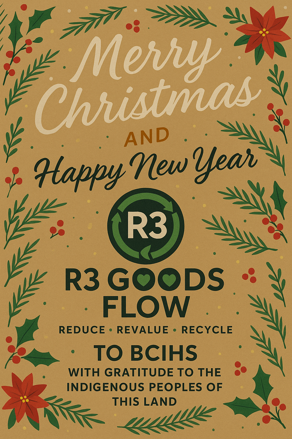 Merry Christmas and Happy New Year R3 GOODS FLOW TO BCIHS with gratitude to Indigenous peoples
