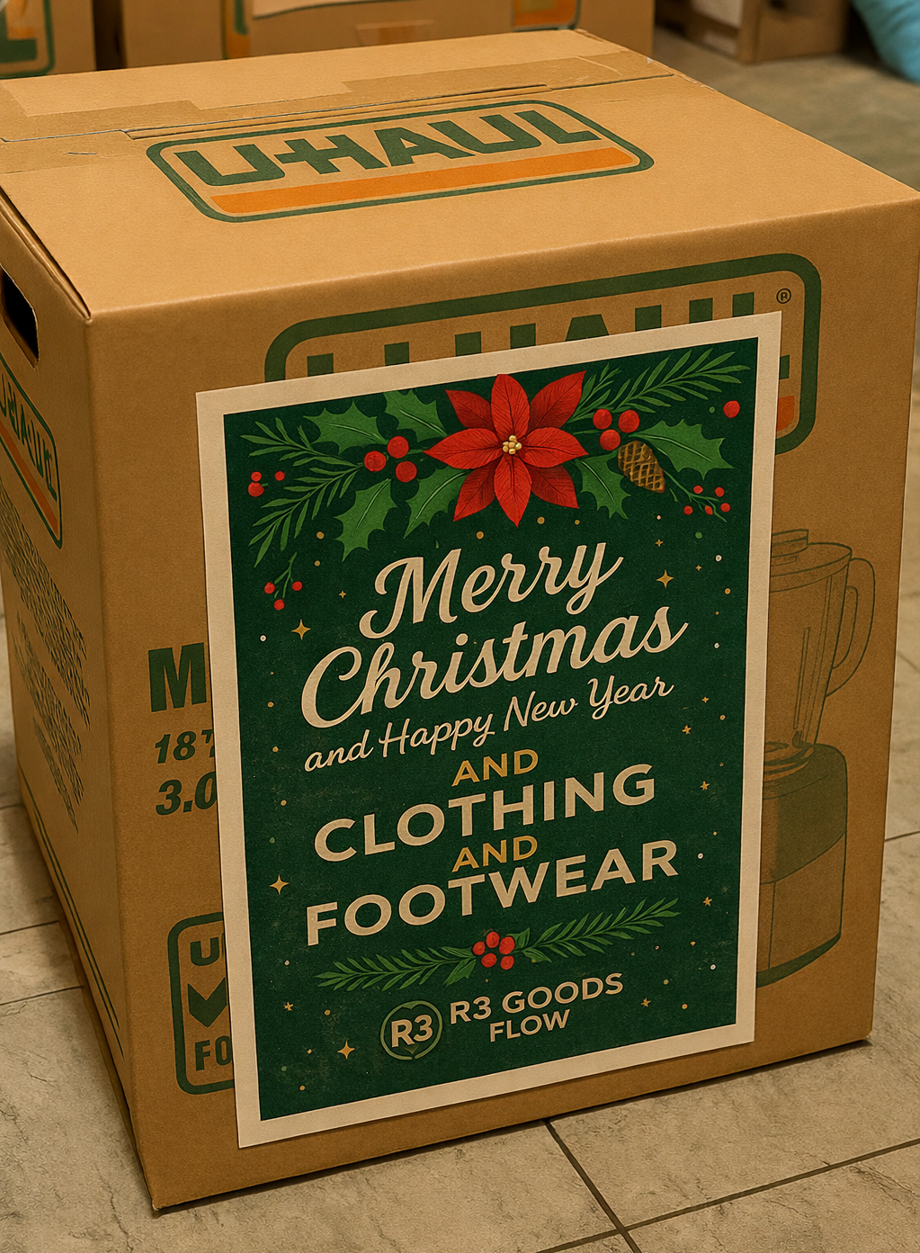 R3 Goods Flow U-Haul box with Merry Christmas and Clothing and Footwear label