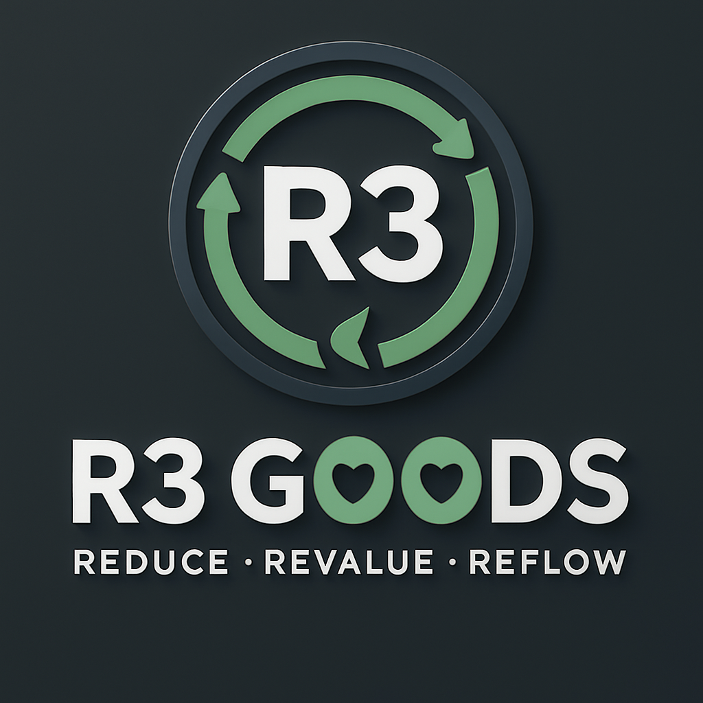 R3 GOODS logo with circular arrows and text REDUCE REVALUE REFLOW